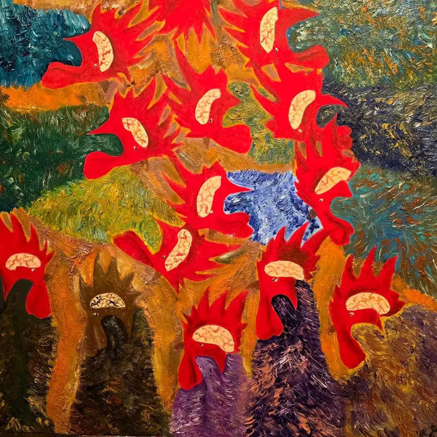 Teste di gallo rosse con il cervello a vista tra pennellate verdi, blu e arancioni